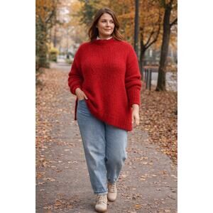 Vntg Red Chunky Knit Sweater Mock Neck Oversized Cozy Grandmacore Fall XL 1980s